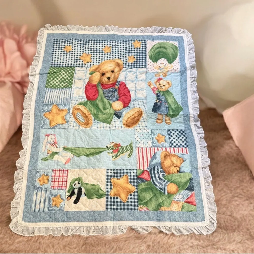 Blue Jean Teddy Bear Quilt Baby Blanket Patchwork Plaid Me & My Blankie Vintage